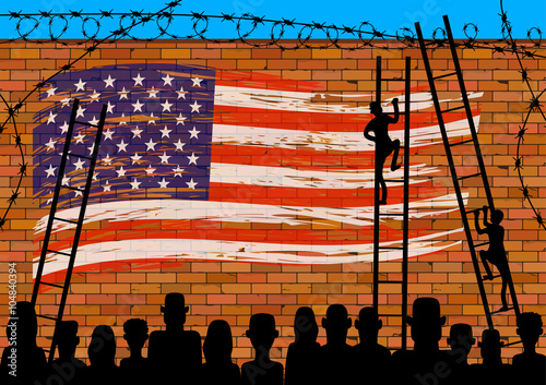 Silhouettes many refugees on a border wall with a USA flag. People on the stairs to climb the wall. Social issues on illegal immigrants.