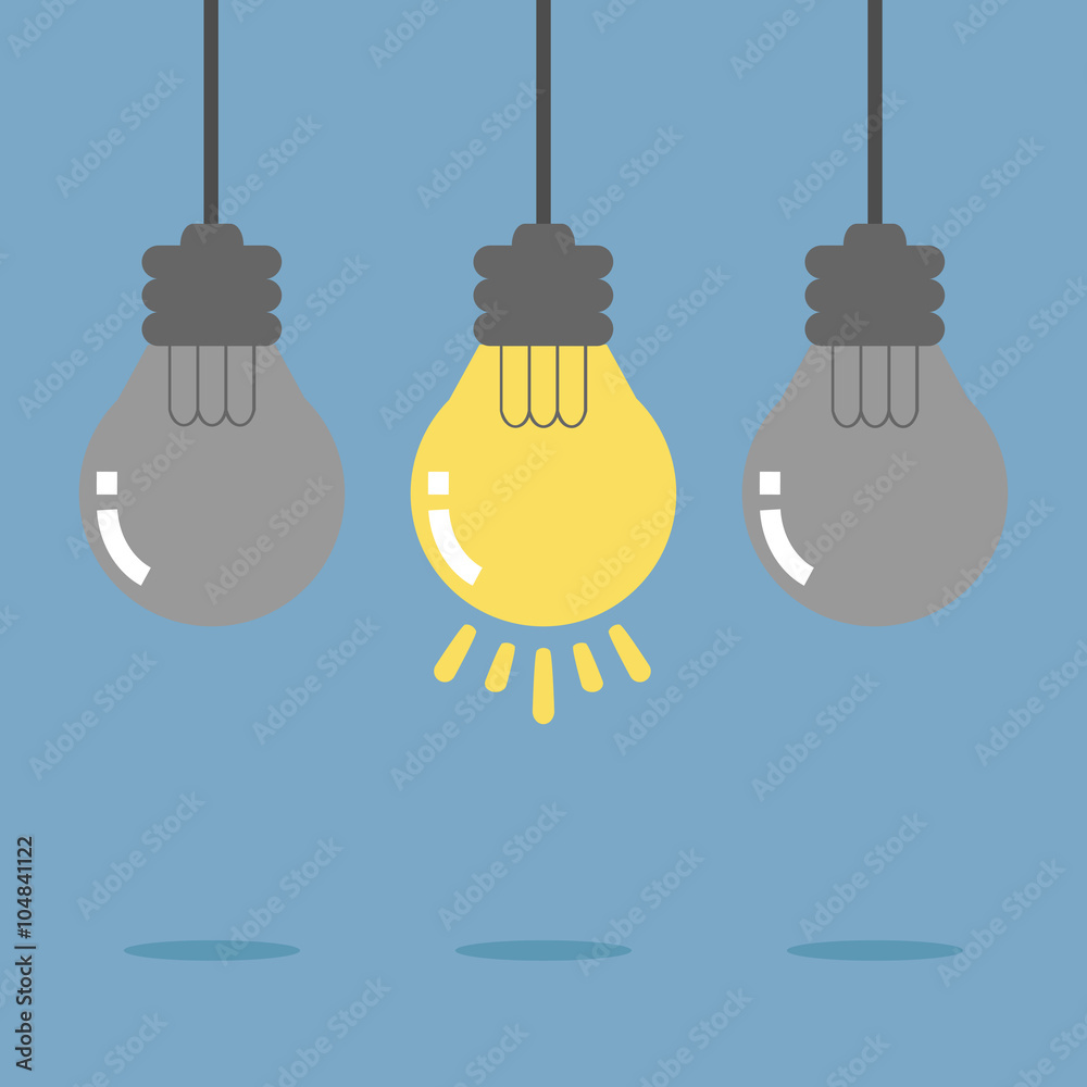 Naklejka premium Hanging light bulb idea. Bright idea like light on. Flat design for business financial marketing banking advertising commercial event minimal concept cartoon illustration.