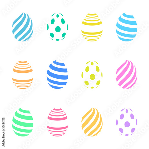 Set of colorful dots and stripes easter eggs, isolated on white background.