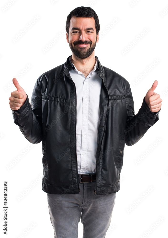 Man with leather jacket with thumb up Man with leather jacket with thumb up