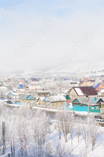 Top view of a village in winter