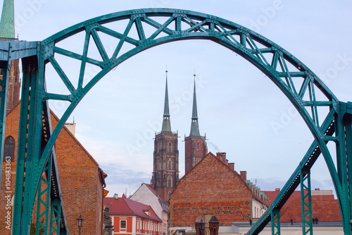 Church through the bridge in Wroclaw, Poland