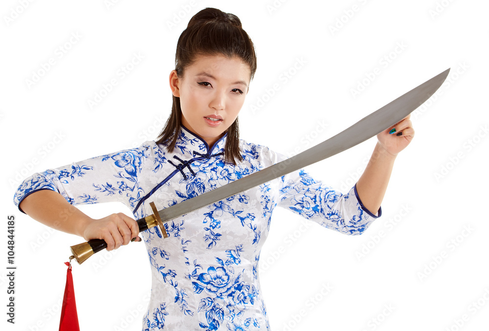 young beautiful Japanese woman in kimono looking aggressively at young beautiful Japanese woman in kimono looking aggressively at