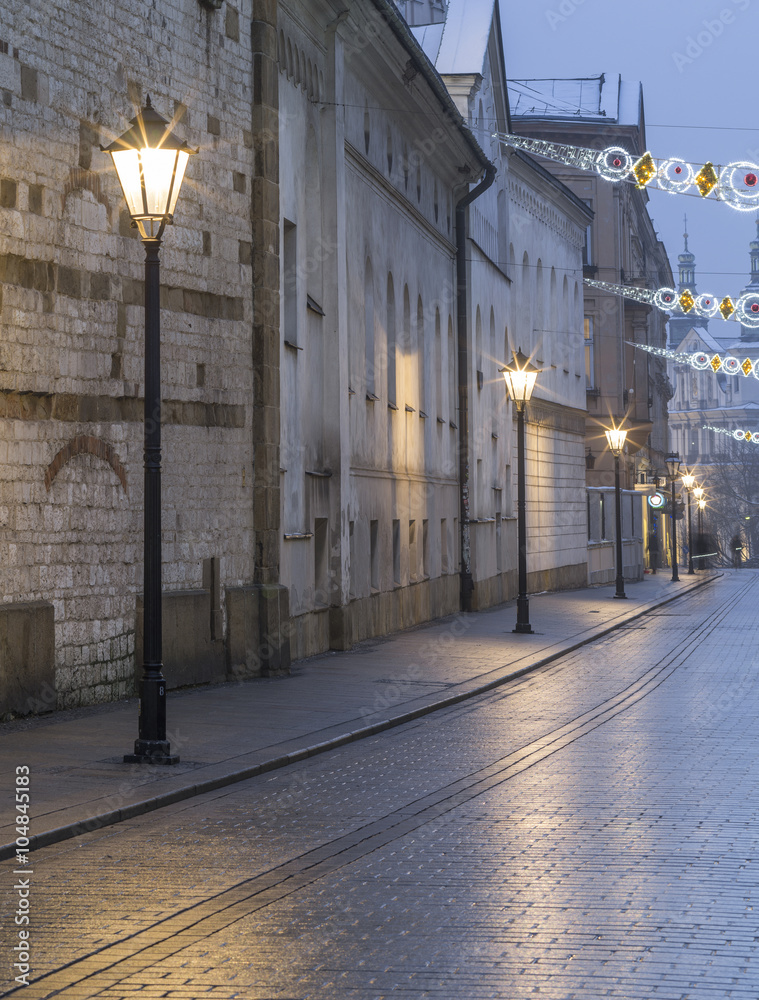 street lamps along the street in Krakow in Poland