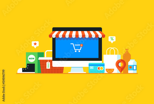 Online shopping, Eshop, Internet selling, online marketing. Flat design modern vector illustration concept.