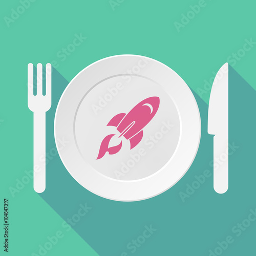 Long shadow tableware illustration with a rocket