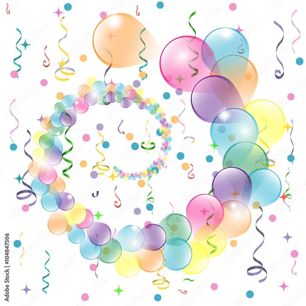 Birthday background with colorful balloons and serpentine, vector illustration