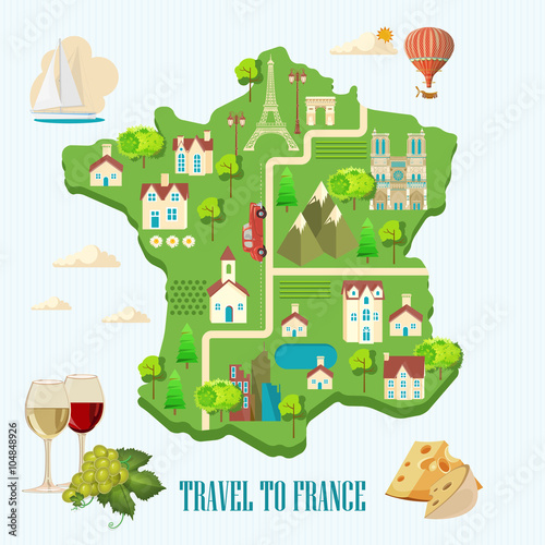 Ffrench poster. Sightseeing of Paris and France. Romantic tourist card in vintage style. French cuisine, wine, fashion and culture