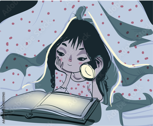 little girl reading book under a blanket using flash light