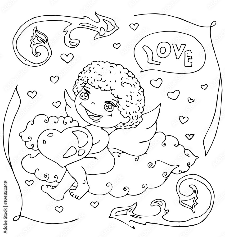 the hand drawn angel with decorative frame outline for coloring isolated on the white background