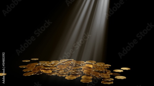 Golden coins on black, volume light, growing plant, HD1080p photo