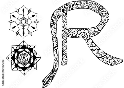letter R decorated in the style of mehndi
