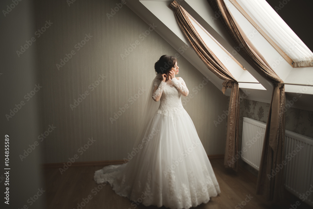 Fototapeta premium Luxury bride in white dress posing while preparing for the wedding ceremony
