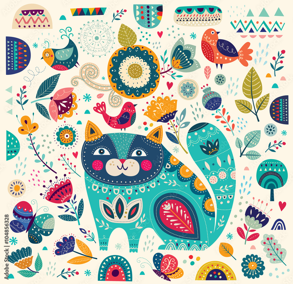 Fototapeta premium Wektorowa kolorowa ilustracja z pięknym kotem, motylami, ptakami i kwiatami