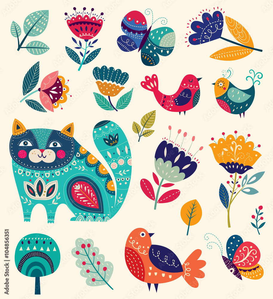 Obraz premium Vector collection with flowers, decorative cat, butterfly and birds