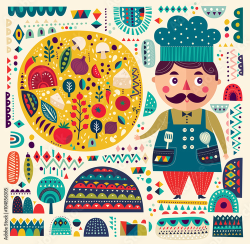 Vector illustration with funny cook and pizza