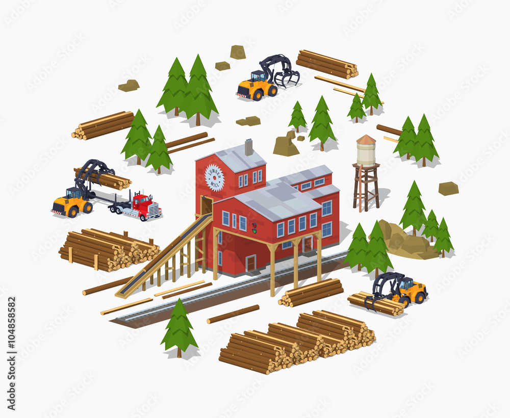 Lumber mill. Sawmill building. 3D lowpoly isometric vector concept