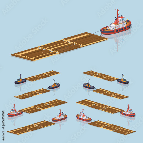 Timber floating on tow. 3D lowpoly isometric vector illustration. The set of objects isolated against the light-blue background and shown from different sides