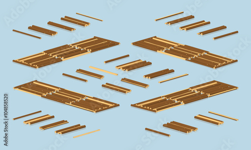 Timber floating on water. 3D lowpoly isometric vector illustration. The set of objects isolated against the light-blue background and shown from different sides