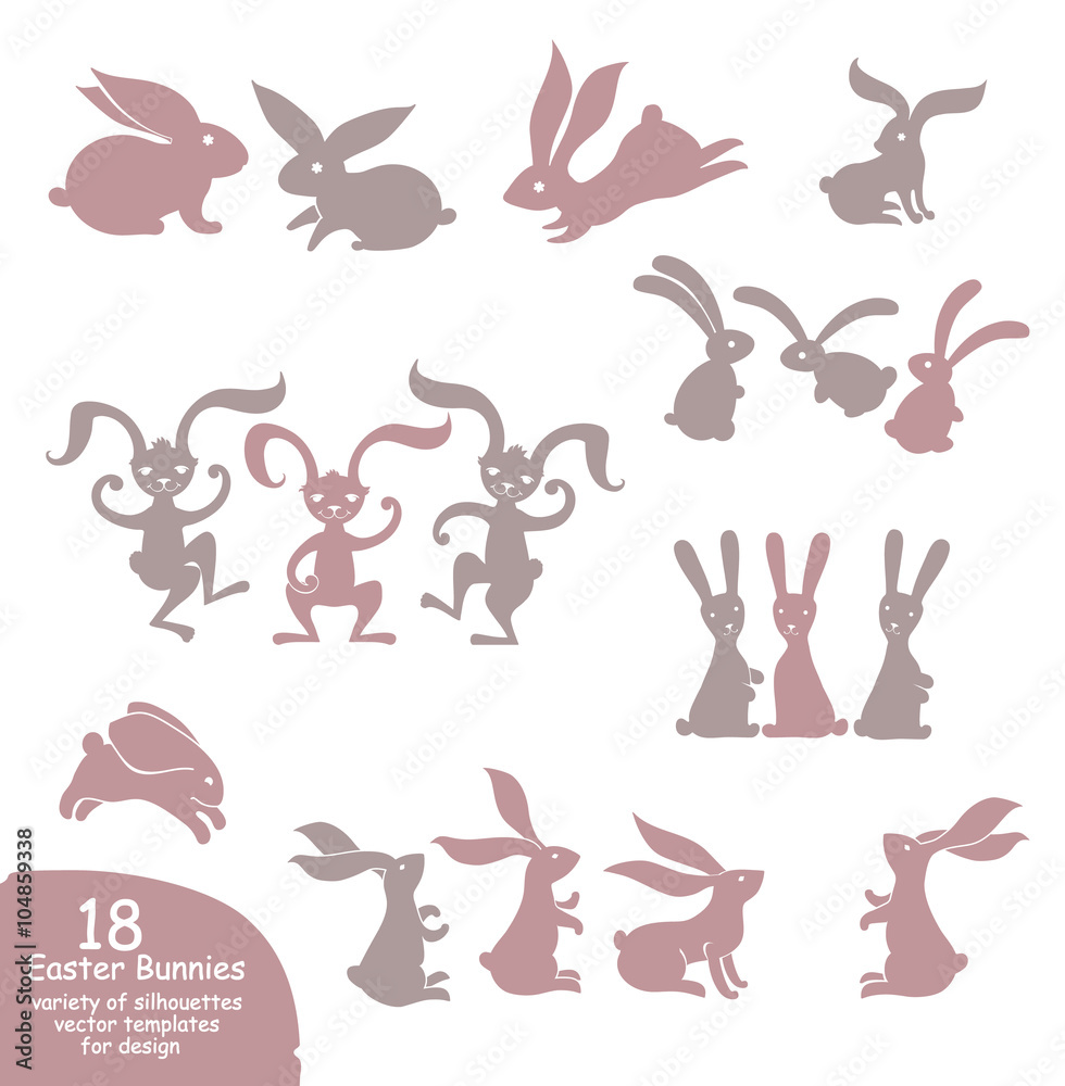 Obraz premium Set of cute Easter bunnies. Vector templates silhouettes of different rabbits in motion.