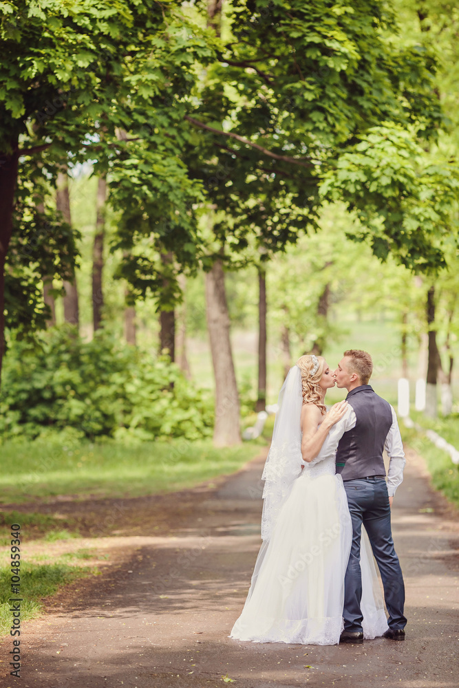 European bride and groom kissing in the park