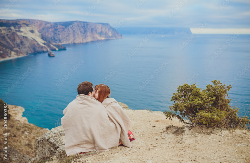 couple in love relaxing, mountain Coast Crimea, Ukraine