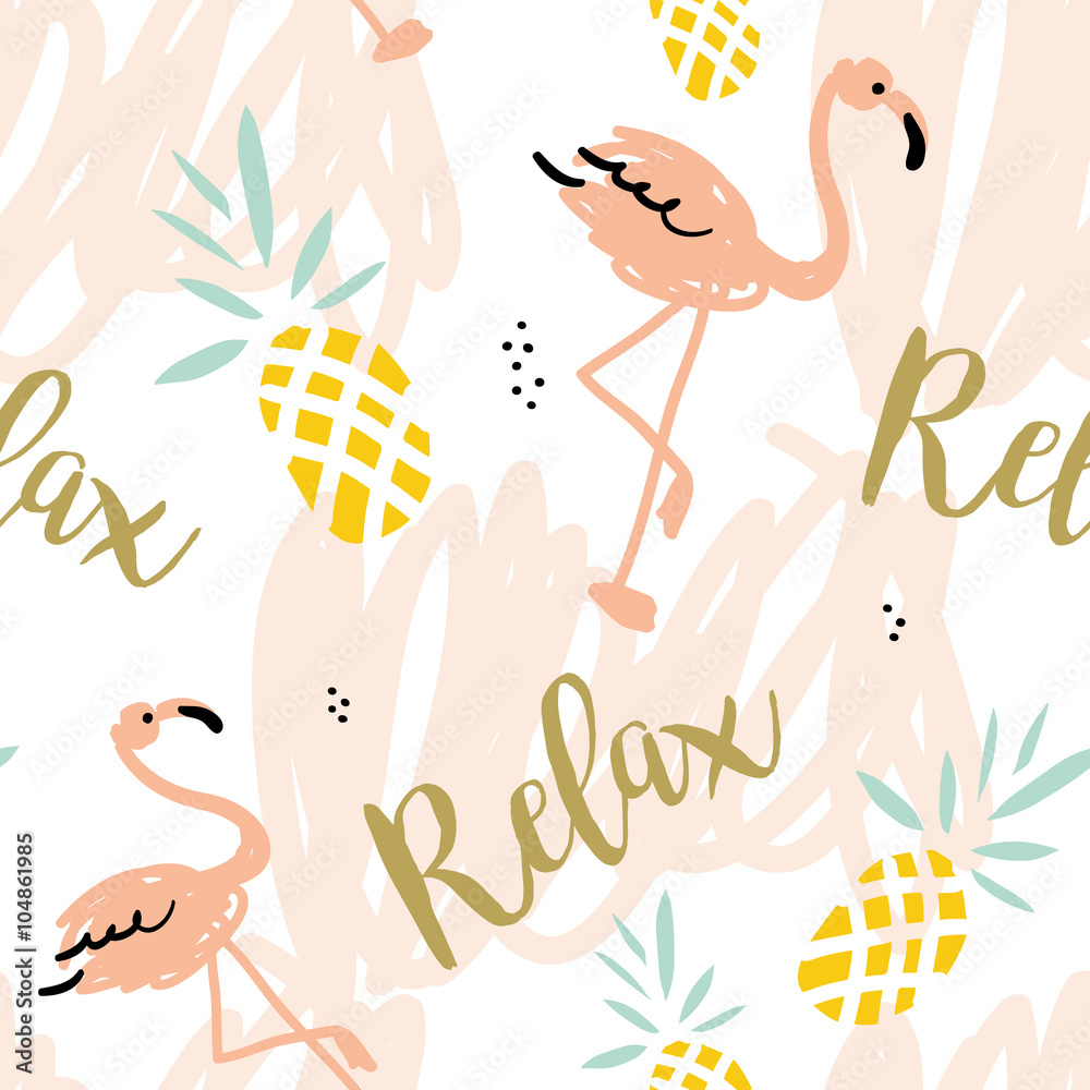 Obraz premium Rumieniec różowy flaming, ananasy i wiadomość Zrelaksuj się na białym tle pastelowymi kreskami. Wektor wzór z tropikalnych ptaków i owoców.