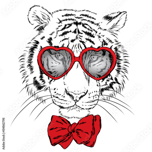 Fototapeta Naklejka Na Ścianę i Meble -  Vector tiger wearing glasses with hearts. St. Valentine's Day. Hipster. Greeting card with a tiger. Print.