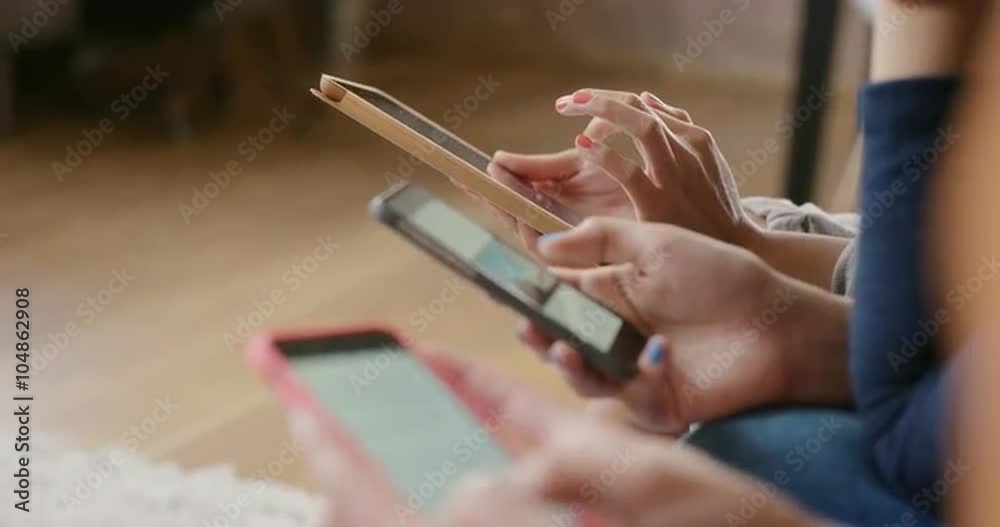 Friends at home using smart phones social media