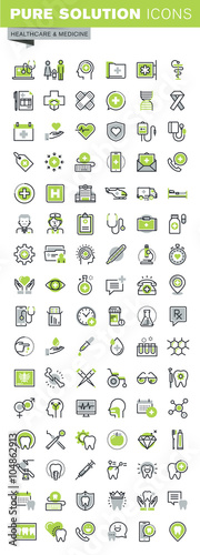 Thin line icons set of health care and medicine theme, online medical support, family health care, dental treatment, diagnosis and treatment, health insurance. Premium quality outline icon collection.