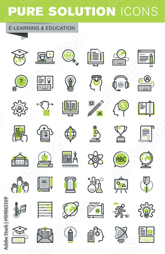 Thin line icons set of distance education, online training and courses, cloud solutions for education, staff training, digital library, basic and elementary study. 