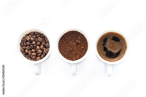 Three cups of different stages of preparing coffee