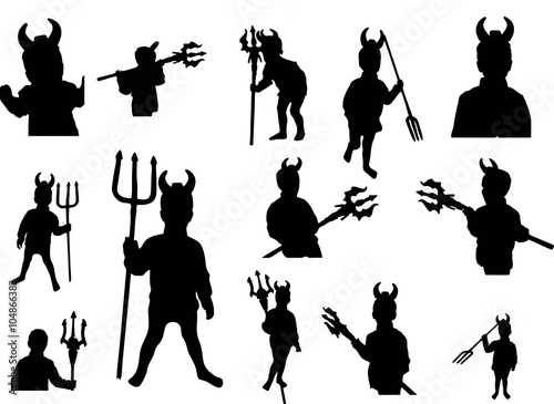 Set of little devil with trident (silhouette).