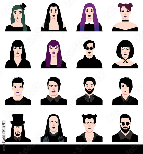 Set in a flat style avatars male and female goths
