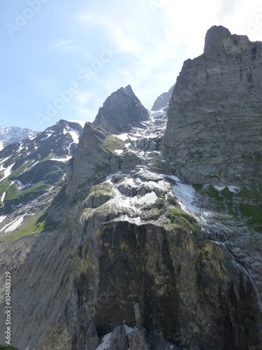 Dramatic sheer rock face and mountain peaks near Grindelwald, Switzerland