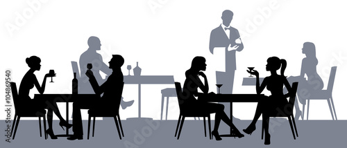 Silhouettes of people sitting at the tables in the restaurant or