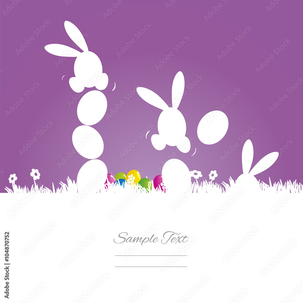 Rabbits play with eggs purple white background Rabbits play with eggs purple white background