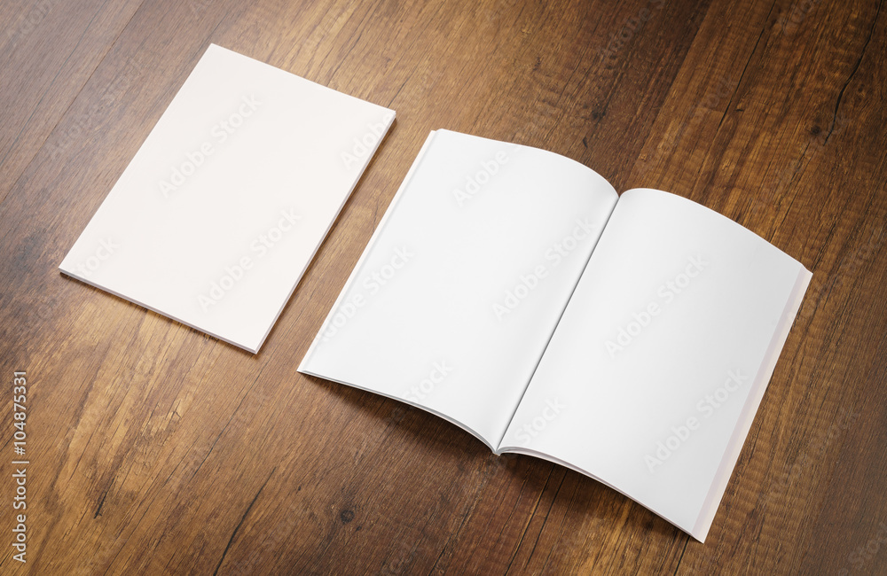 Blank catalog, magazines,book mock up on wood background Blank catalog, magazines,book mock up on wood background