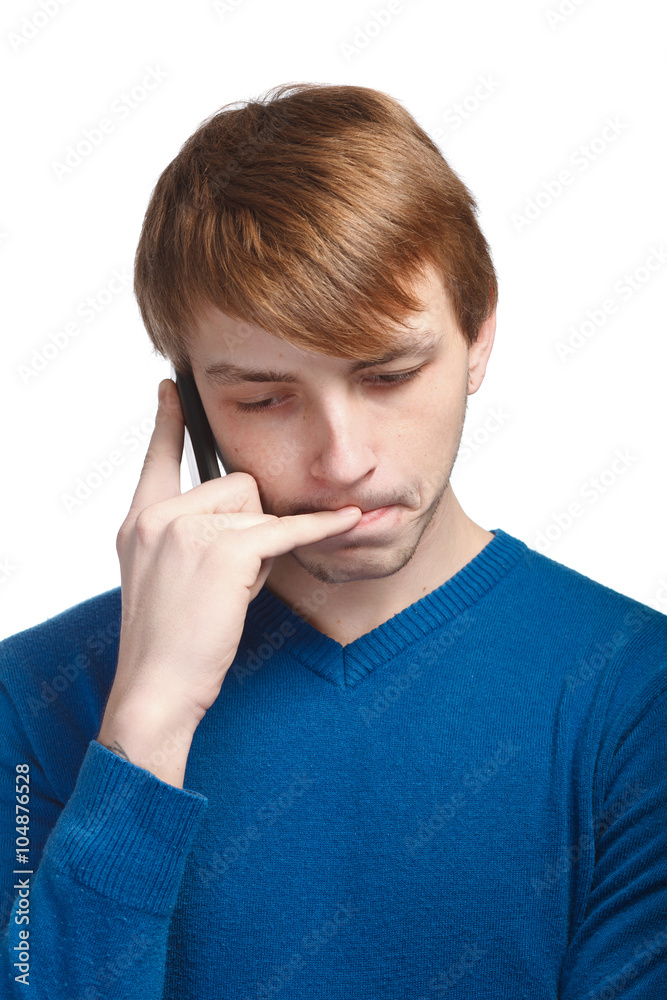 young man in blue pullover isolated on a white background talkin young man in blue pullover isolated on a white background talkin