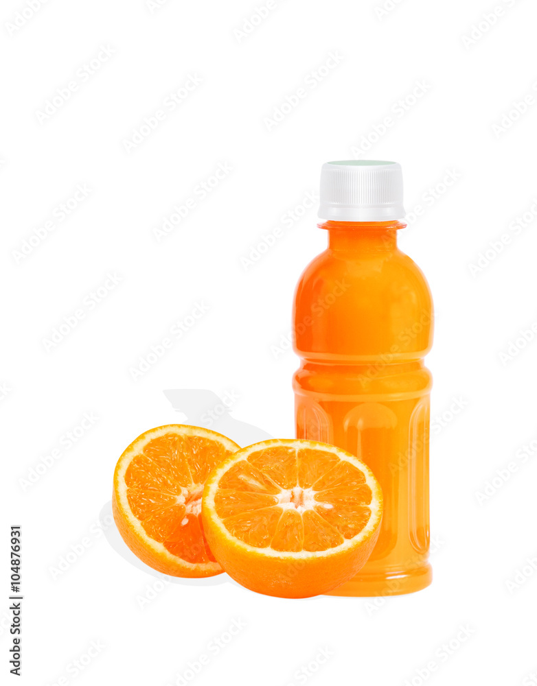 Orange fruit with Orange juice in a bottle isolated on white Orange fruit with Orange juice in a bottle isolated on white