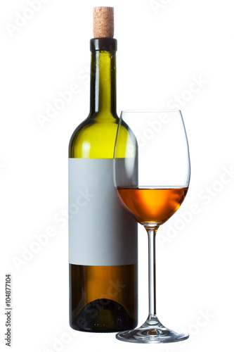 bottle of red wine with a clean label and glass of wine on a whi
