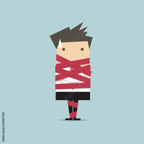 Businessman caught in red tape vector