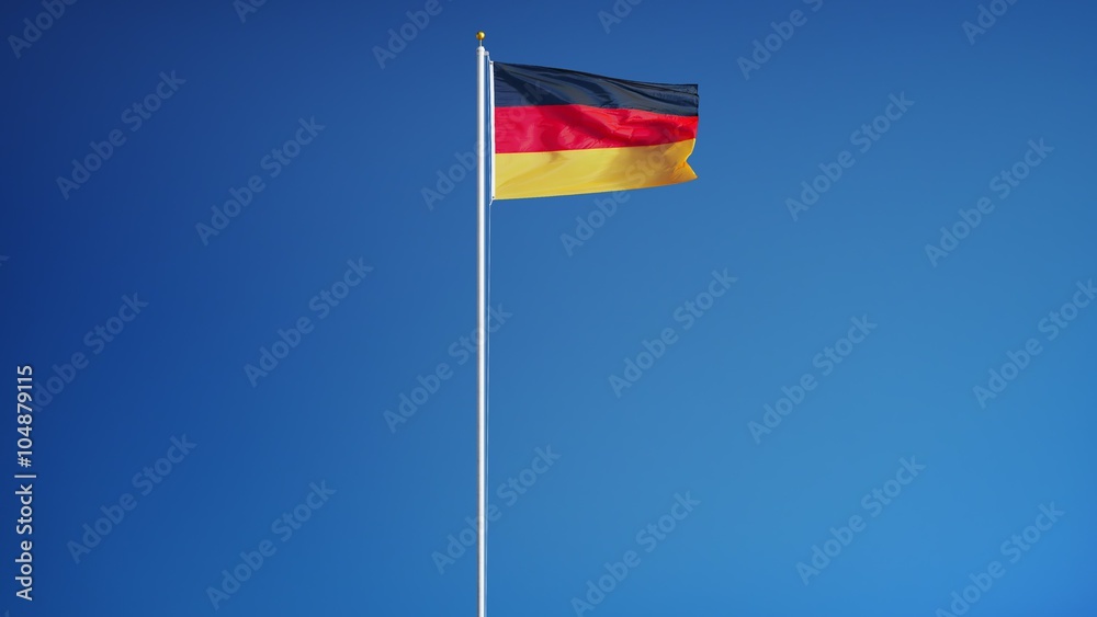 Germany flag waving in slow motion against clean blue sky, seamlessly looped, long shot, isolated on alpha channel with black and white luminance matte, perfect for film, news, digital composition Germany flag waving in slow motion against clean blue sky, seamlessly looped, long shot, isolated on alpha channel with black and white luminance matte, perfect for film, news, digital composition