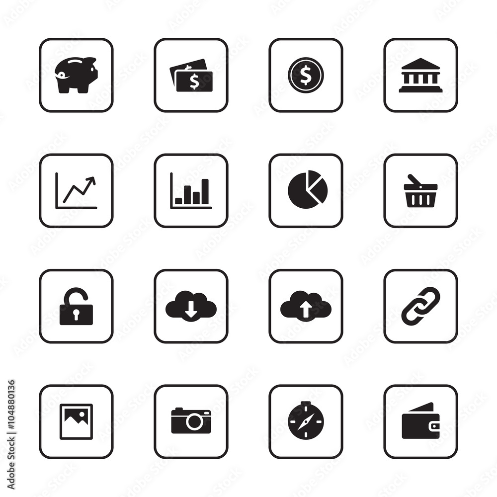 black flat finance and technology icon set with rounded rectangle frame for web design, user interface (UI), infographic and mobile application (apps) black flat finance and technology icon set with rounded rectangle frame for web design, user interface (UI), infographic and mobile application (apps)