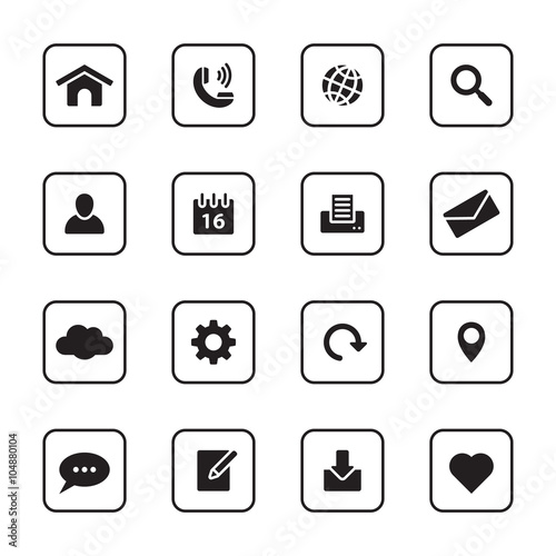 black flat web and technology icon set with rounded rectangle frame for web design, user interface (UI), infographic and mobile application (apps)