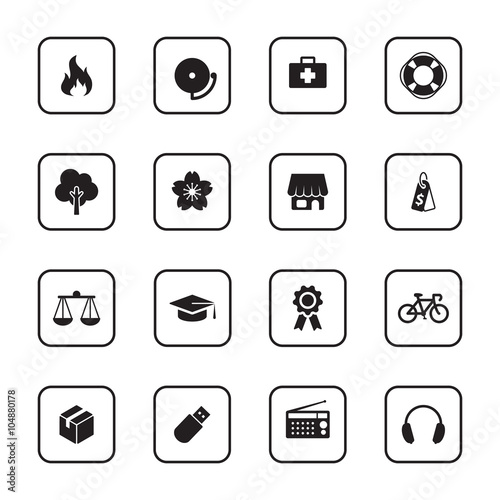 black flat safety and miscellaneous icon set with rounded rectangle frame for web design, user interface (UI), infographic and mobile application (apps)
