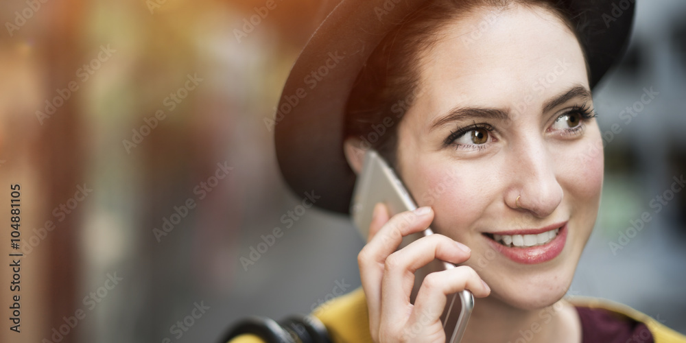 Woman Mobile Phone Connection Talking Communication Concept Woman Mobile Phone Connection Talking Communication Concept