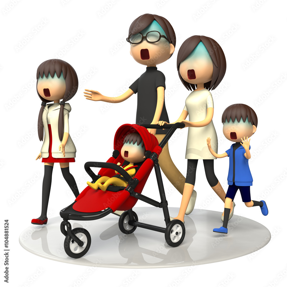ベビーカーの赤ちゃんと歩く家族