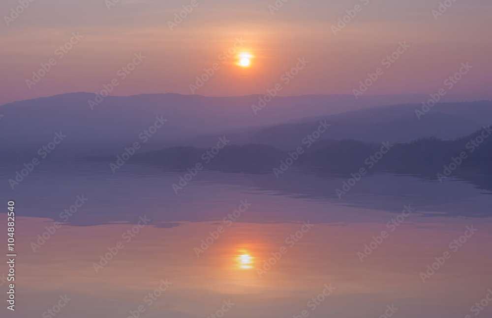 sunset with mountain with water reflection, view from Pha Keb Ta