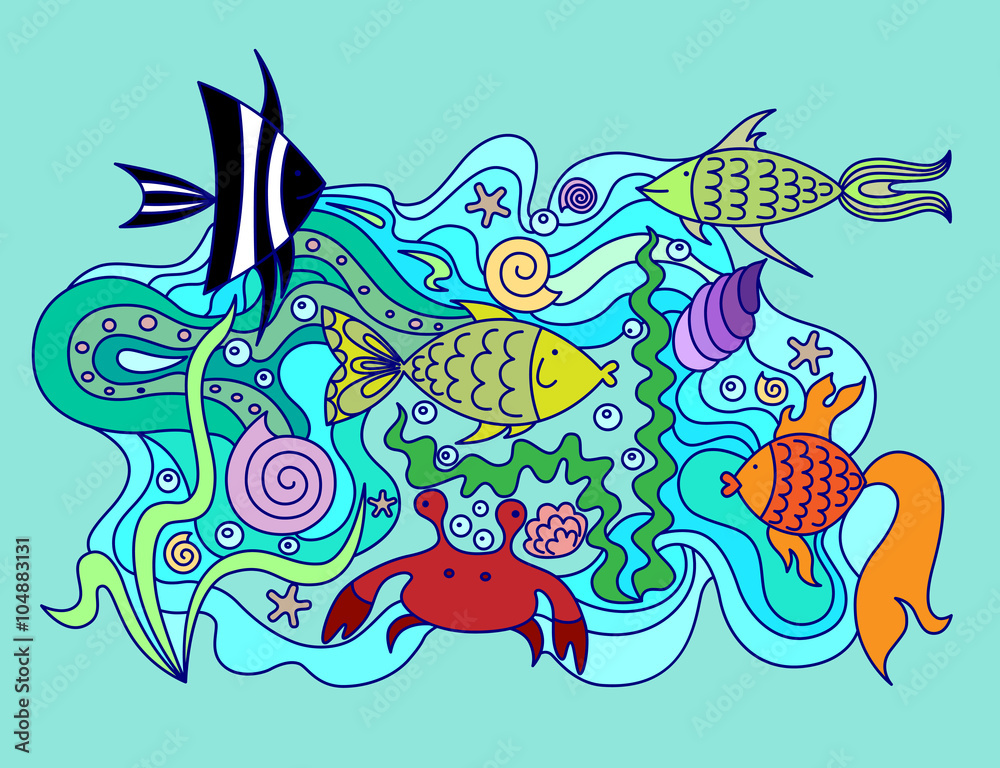 Obraz premium Рисунок дудл с набором морских животных и растений.